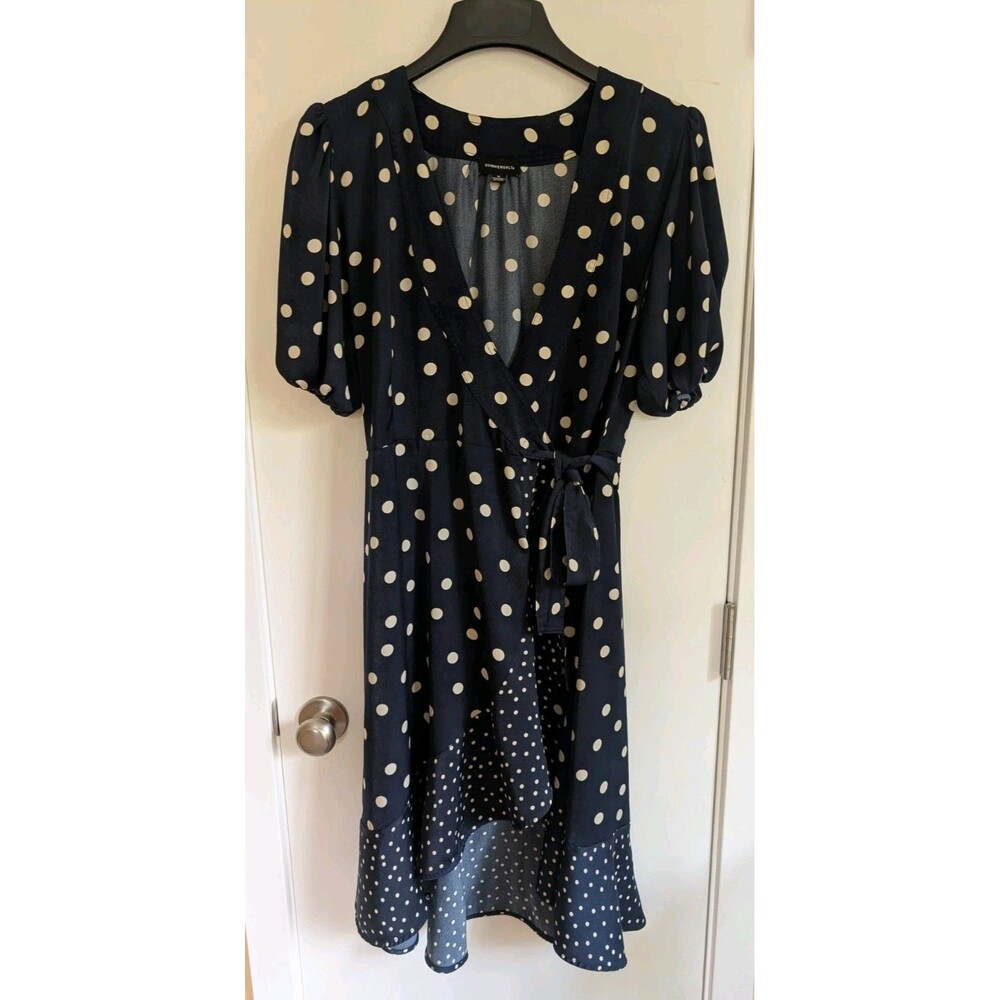 Summersalt Polka Dot Wrap Dress 14 Navy Blue Ruffles Puff Sleeve Midi High Low